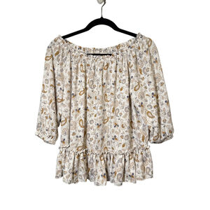 Melloday Women’s Off-Shoulder Blouse Cream Gold Blue Floral Peplum Size S